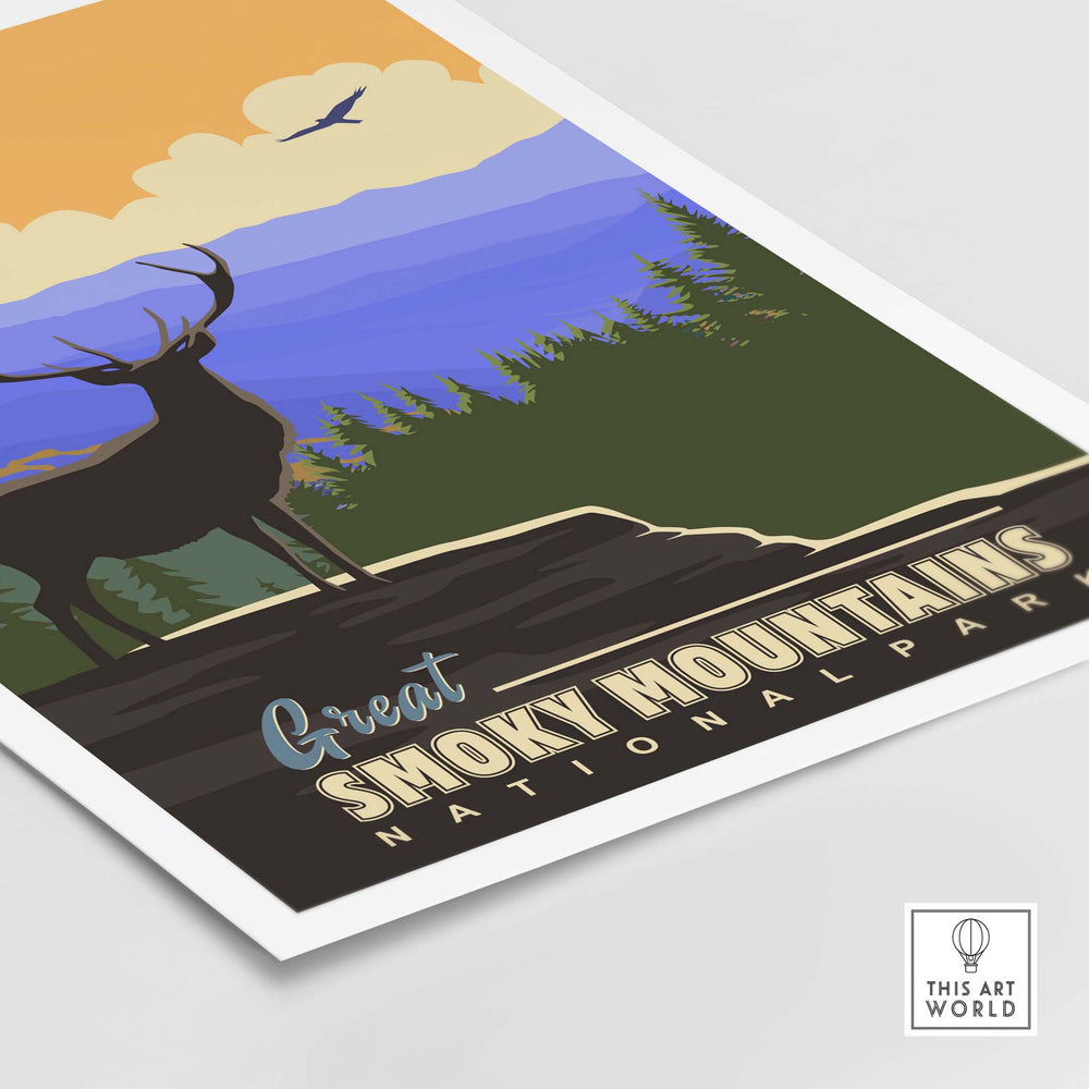 Colorful Smoky Mountains National Park poster featuring a silhouette of a deer against a mountain backdrop.