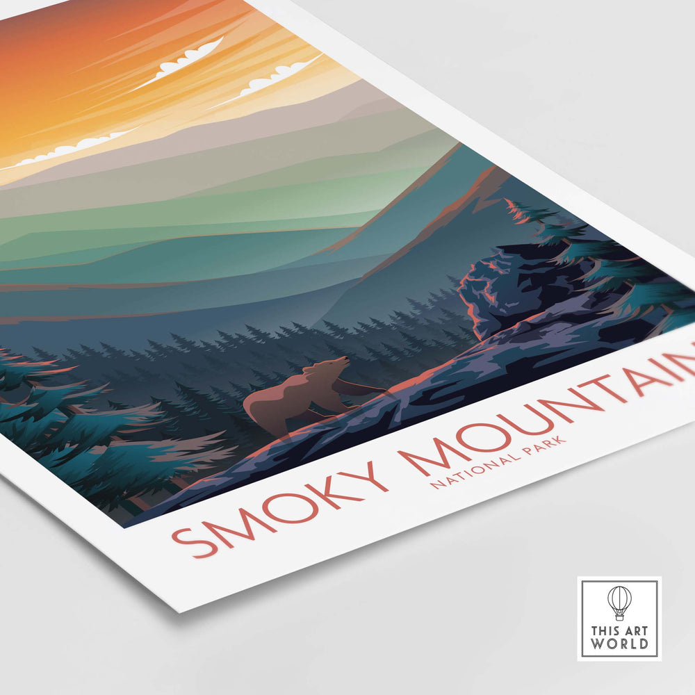 Colorful Smoky Mountains wall art poster featuring a bear and sunset, ideal for home or office decor.