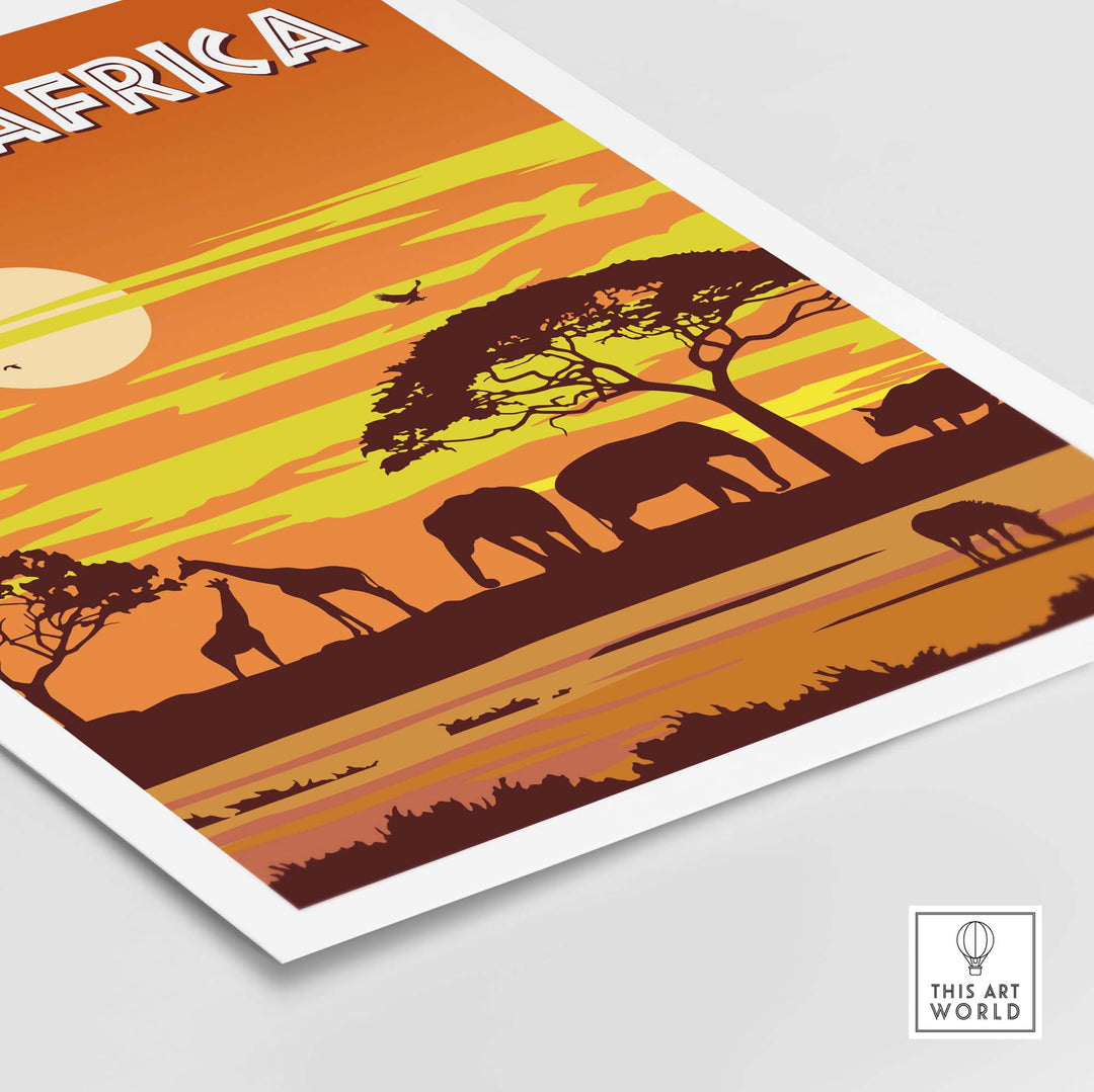 South Africa travel poster featuring elephants and giraffes at sunset, in a minimalist vintage style.