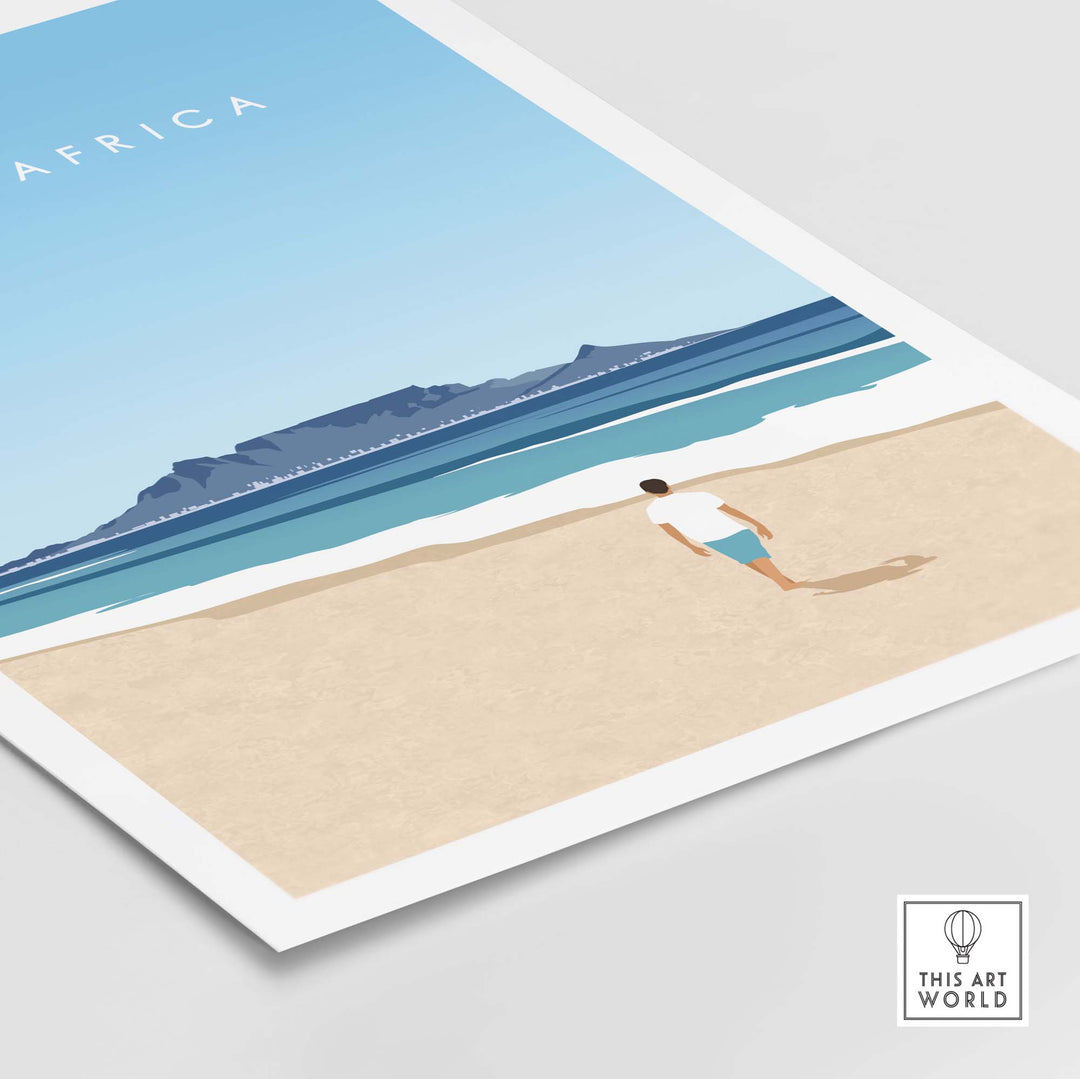 South Africa travel poster print featuring a serene beach scene with a person walking towards the ocean.