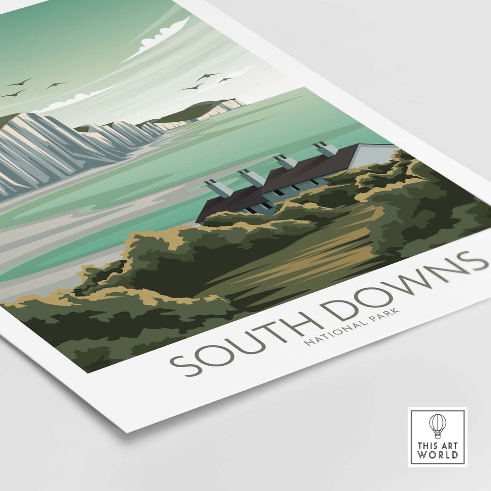 South Downs National Park poster featuring a minimalist landscape art print with cliffs and home, ideal for nature lovers.