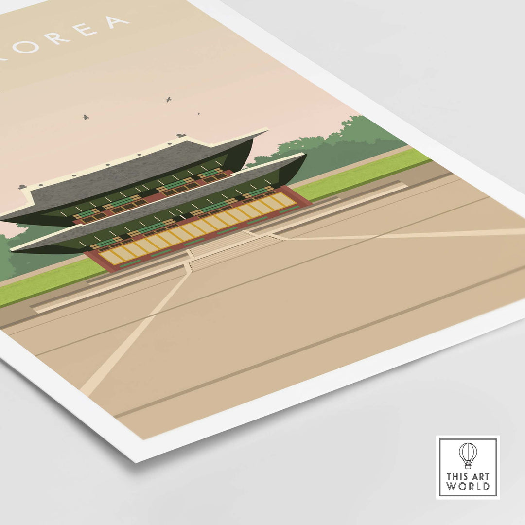 South Korea poster print featuring a historic building in a vintage style, perfect for travel enthusiasts.