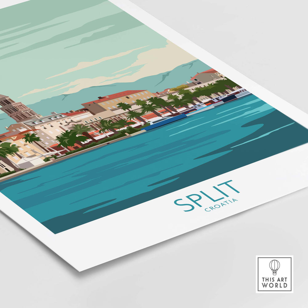 Colorful Split Croatia poster print featuring coastal scenery and palm trees.