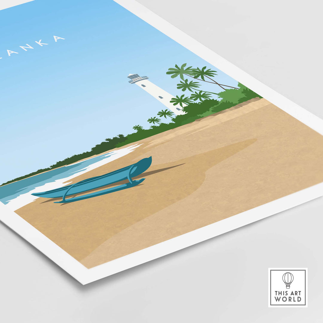 Sri Lanka travel poster print featuring a beach scene with a lighthouse and a boat, minimalist vintage style artwork.