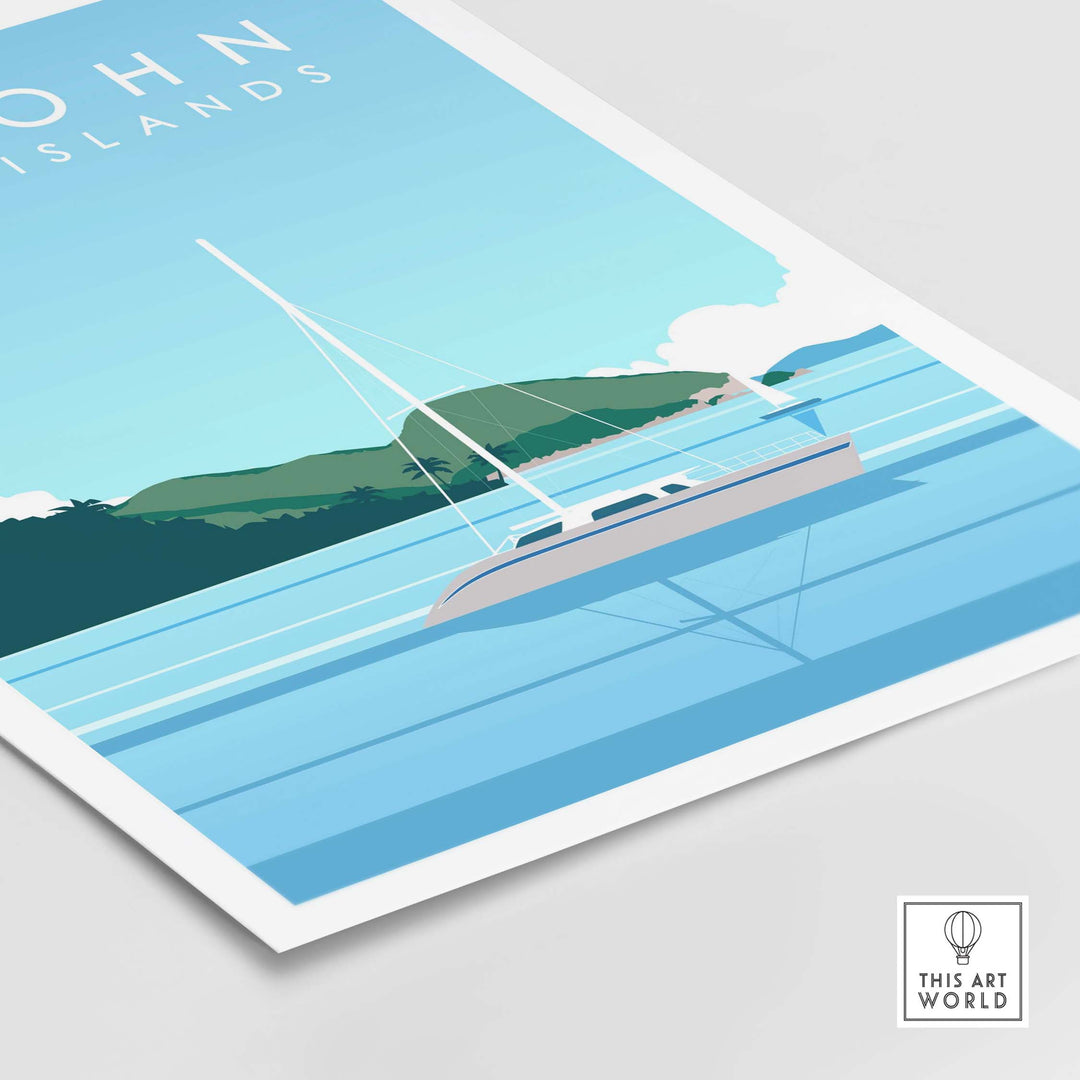 Virgin Islands travel poster featuring a sailboat and scenic blue waters of St. John, perfect for home decor.