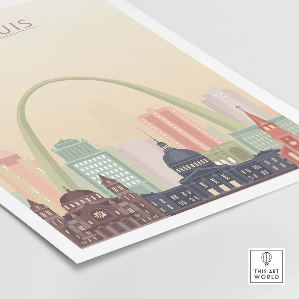 St Louis City skyline wall art print featuring iconic buildings and pastel colors, perfect for urban decor.
