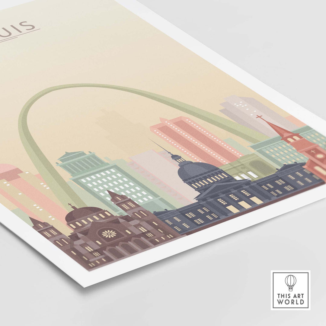 St Louis City skyline wall art print featuring iconic buildings and pastel colors, perfect for urban decor.