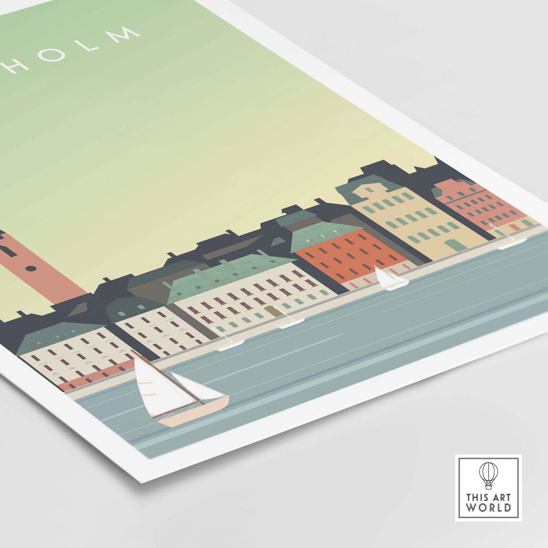 Stockholm Print Wall Art Poster featuring colorful buildings and sailboats on the water, capturing travel nostalgia.