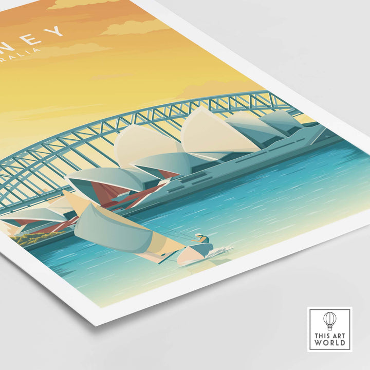 Sydney Travel Poster Print featuring the iconic Sydney Opera House and Harbour Bridge in a minimalist design.
