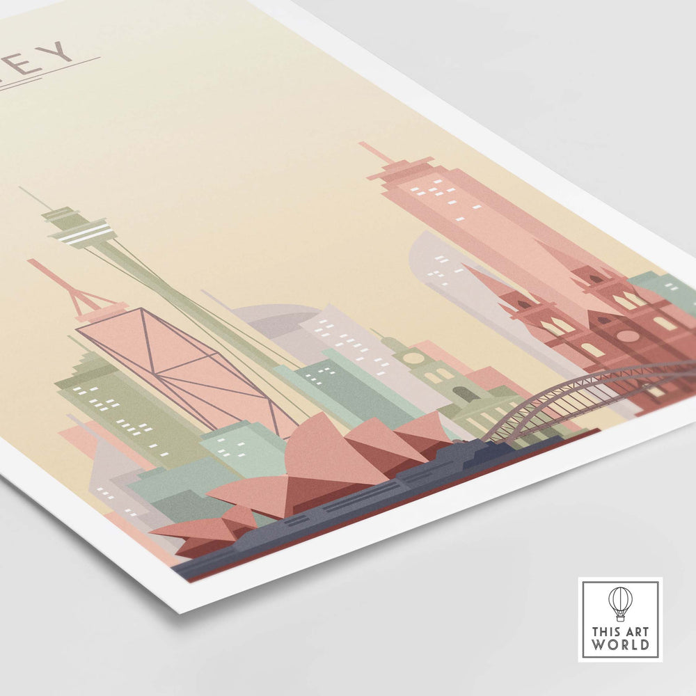 Sydney City Skyline Print wall art featuring pastel tones, Sydney Harbour Bridge, and Sydney Opera House.