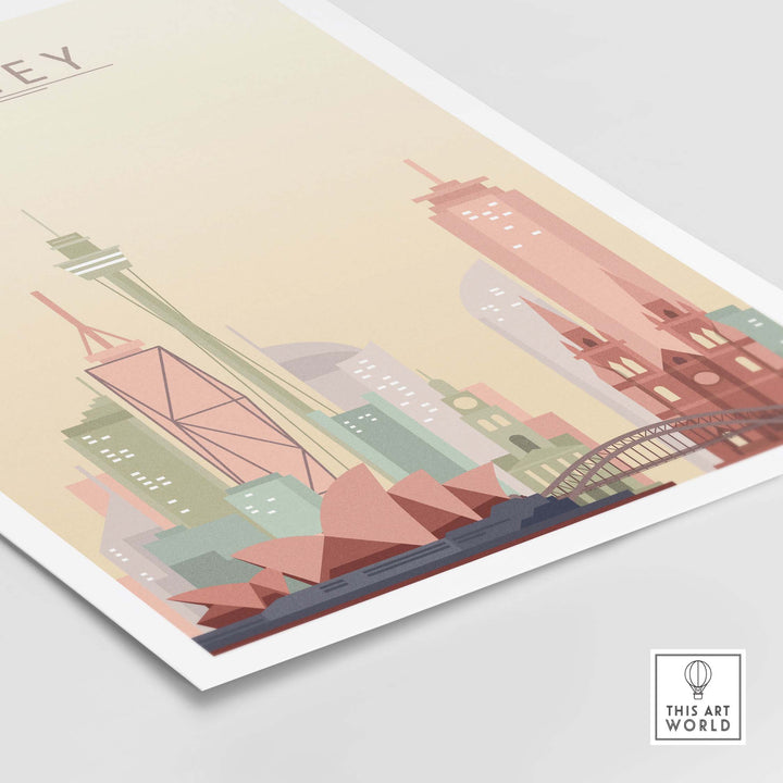Sydney City Skyline Print wall art featuring pastel tones, Sydney Harbour Bridge, and Sydney Opera House.