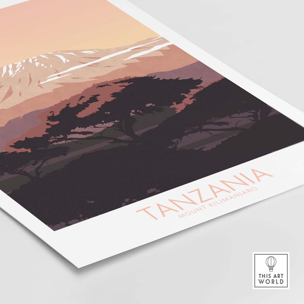 Kilimanjaro Print Tanzania Poster showcasing vintage travel art with vibrant colors and a scenic mountain silhouette.
