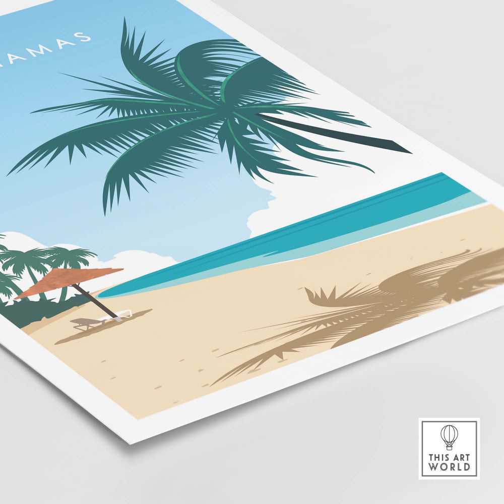 The Bahamas Travel Poster Print featuring a minimalist beach scene with palm trees and a serene ocean view.