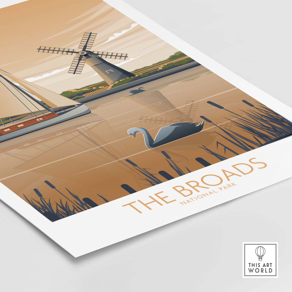 The Broads National Park poster art print featuring a windmill, boat, and a swan by the water.
