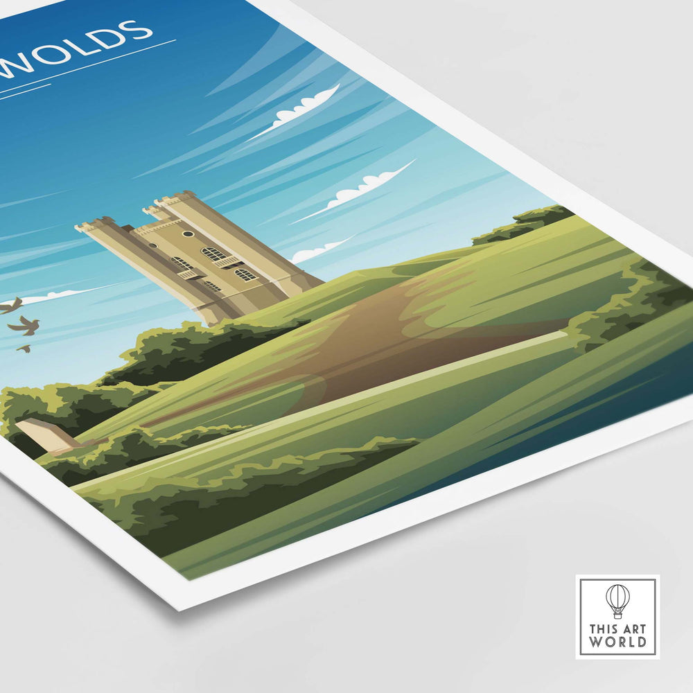 The Cotswolds Poster showcasing a castle and scenic landscape in a minimalist travel art style.