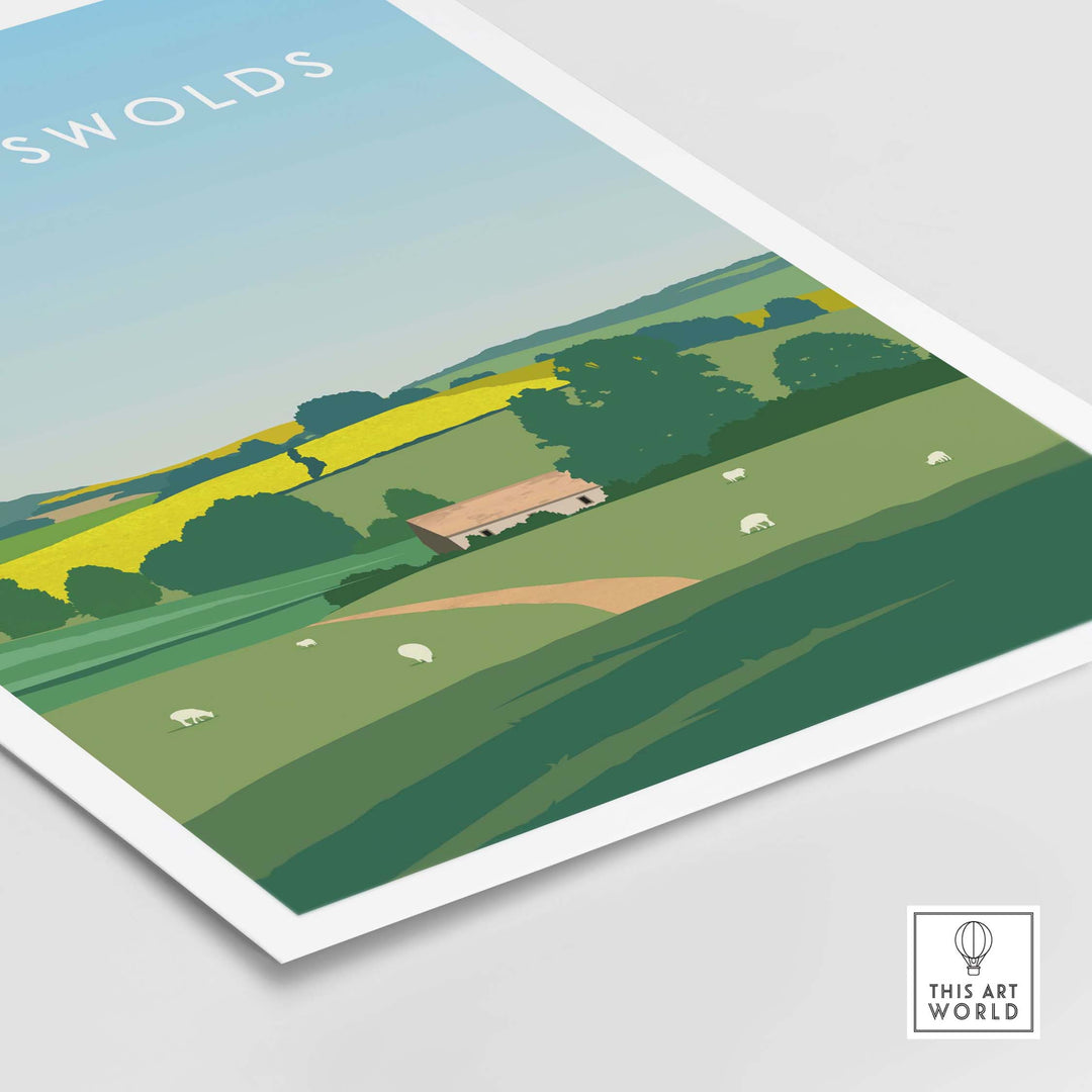 The Cotswolds poster print featuring green hills, sheep, and a peaceful farmhouse, ideal for travel decor.