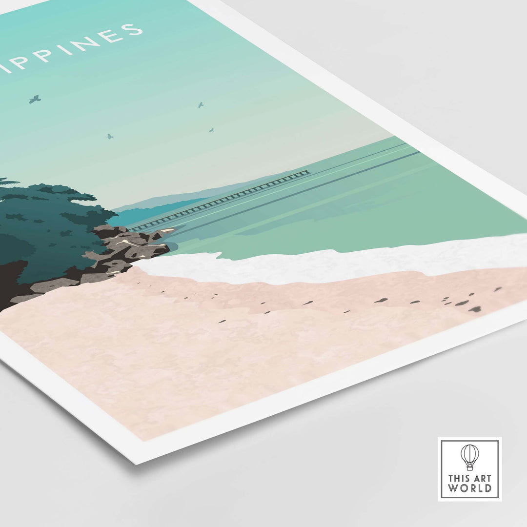 Philippines poster print wall art showcasing a tropical beach scene with serene turquoise waters and sandy shores.