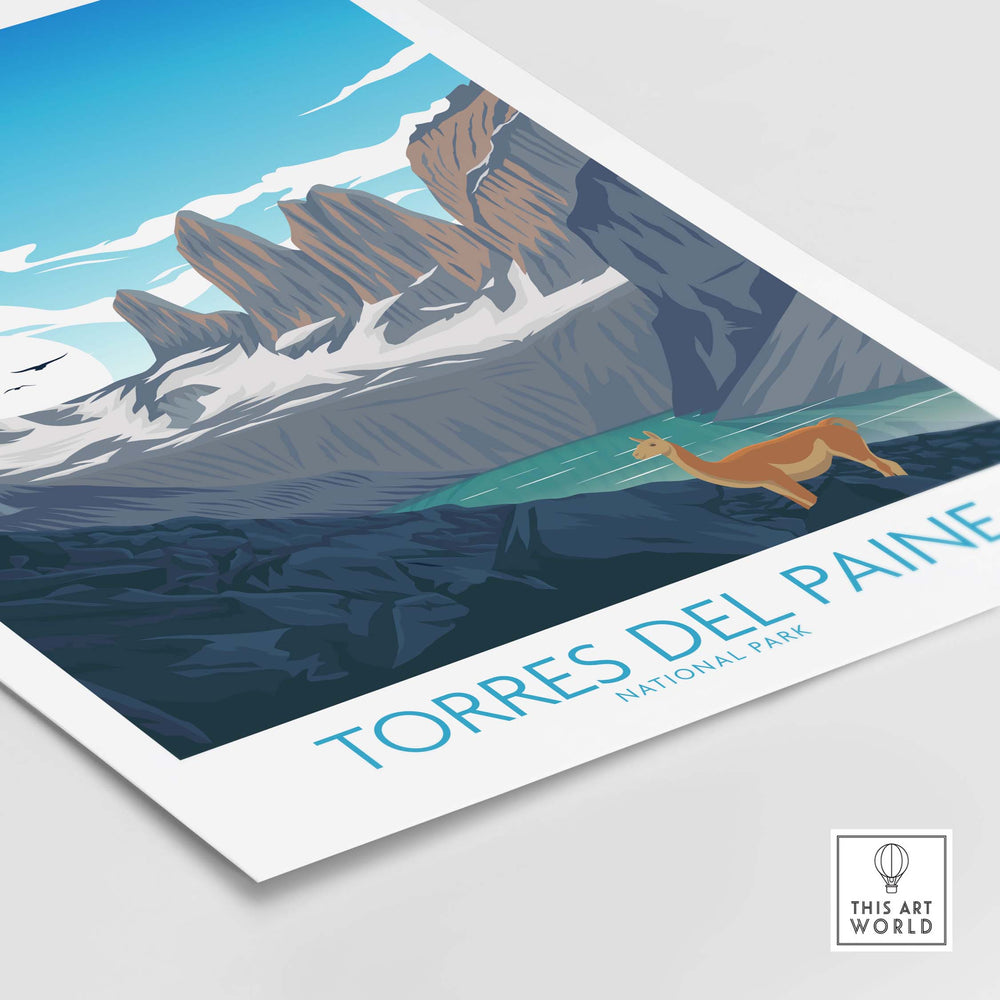 Torres del Paine Chile vintage travel poster featuring mountains and wildlife in vibrant colors.