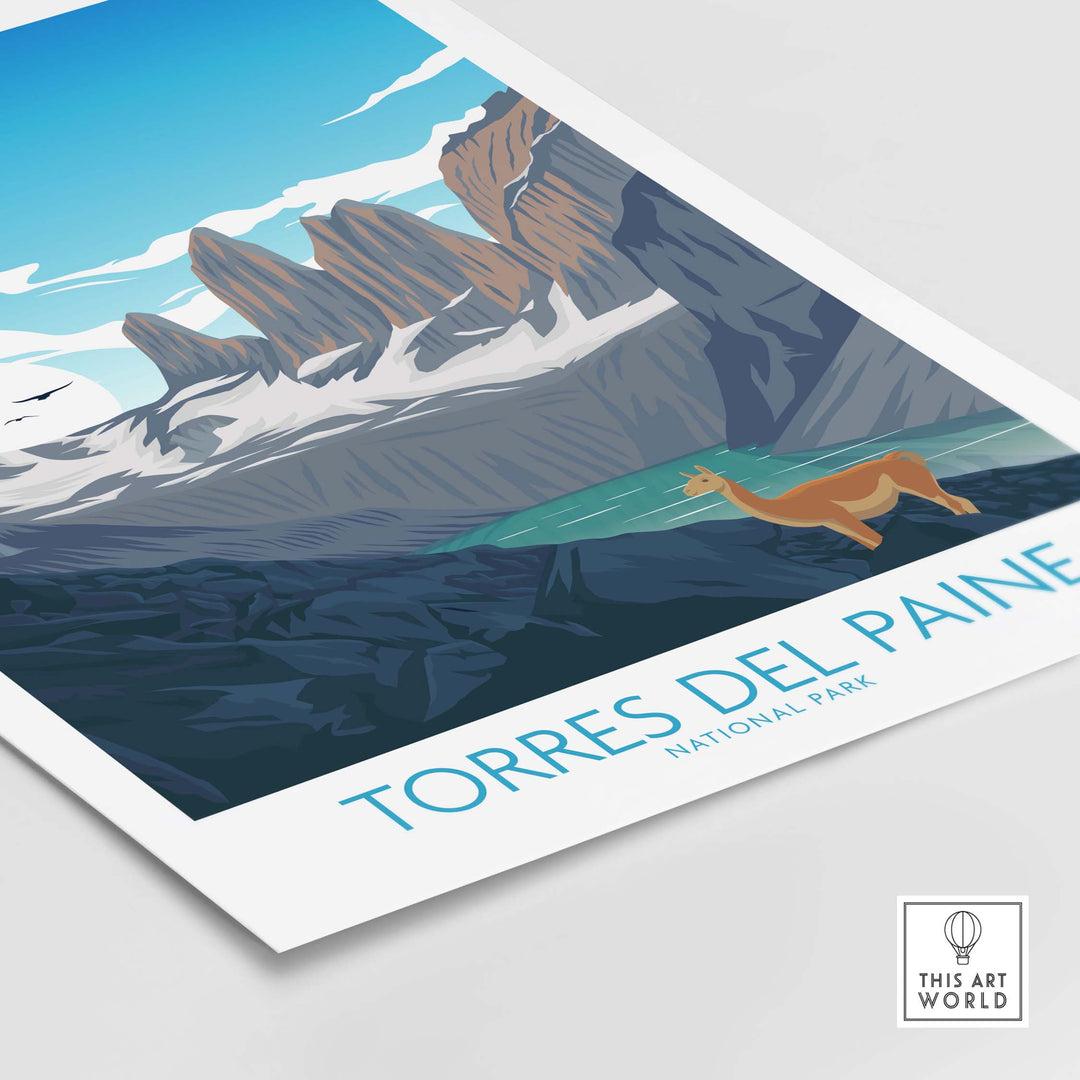 Torres del Paine Chile vintage travel poster featuring mountains and wildlife in vibrant colors.
