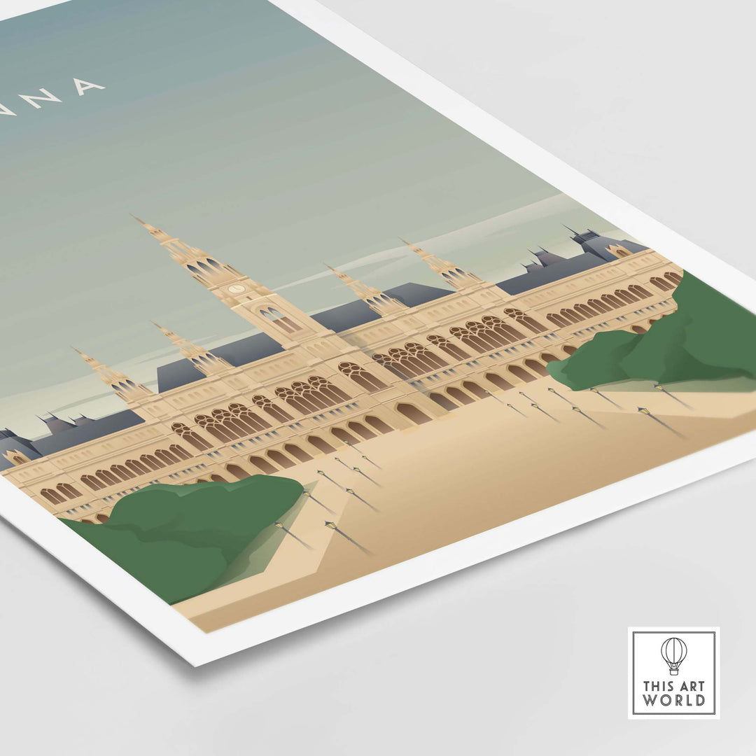 Vienna Wall Art Poster featuring a vintage style illustration of iconic architecture and lush greenery.