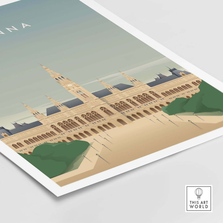 Vienna Wall Art Poster featuring a vintage style illustration of iconic architecture and lush greenery.