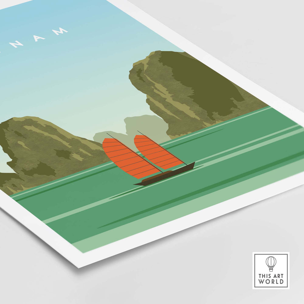 Vietnam travel poster print featuring a vibrant fishing boat on serene waters surrounded by green cliffs.