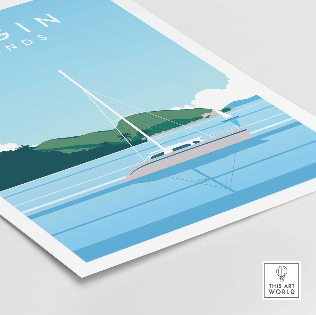 Virgin Islands travel poster print featuring a sailboat and minimalist design, perfect for home or office decor.