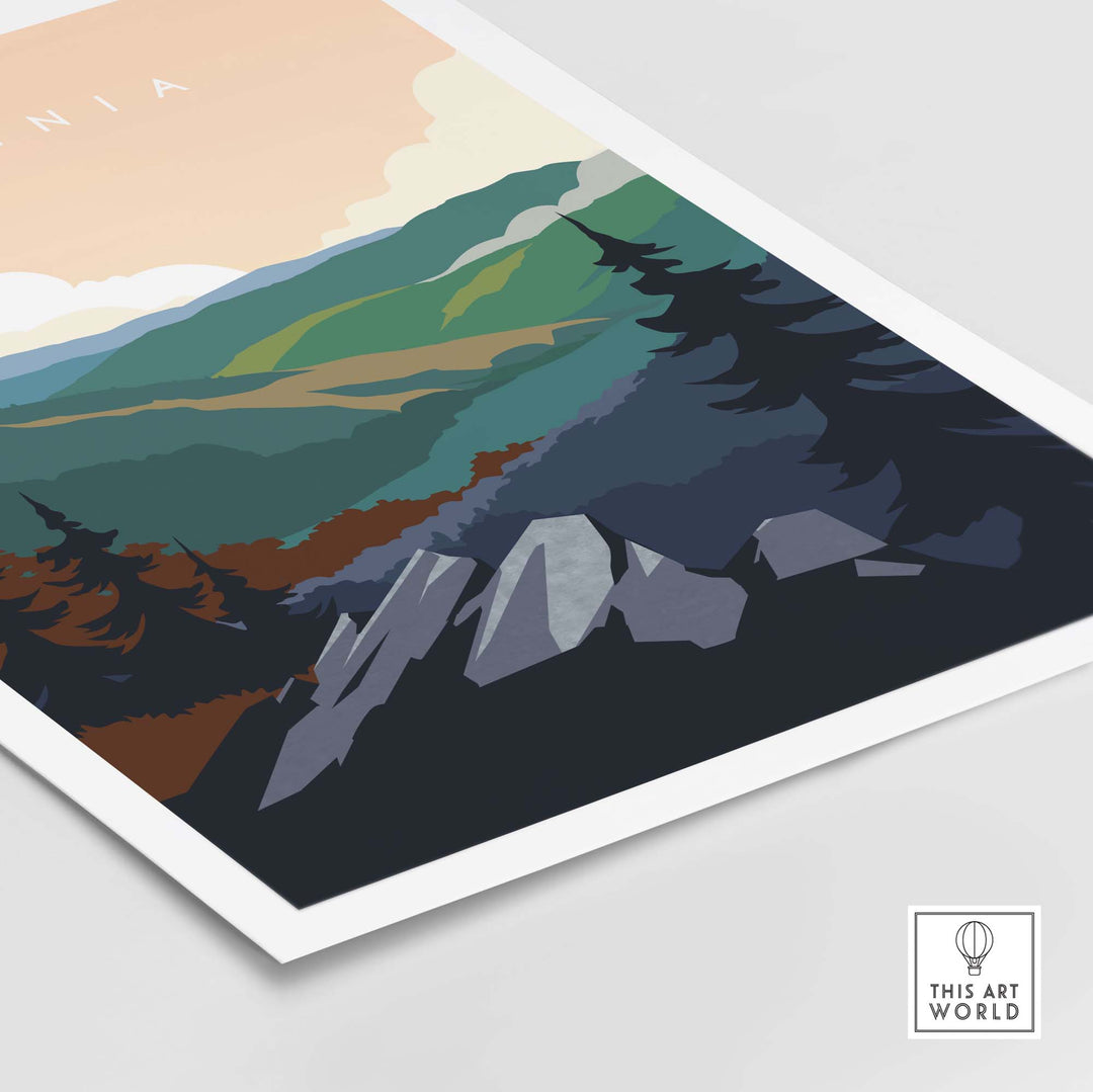 Virginia travel poster print showcasing minimalist mountains and forests in vintage style.