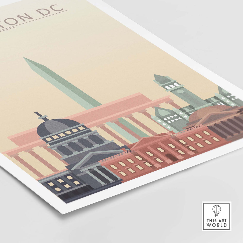 Washington DC skyline poster featuring iconic buildings in pastel colors, perfect for home or office wall art.