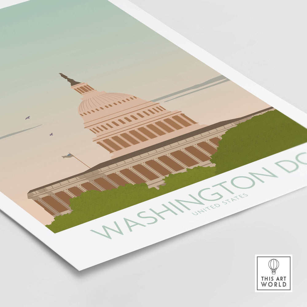 Washington DC Wall Art Print showcasing the Capitol building in stylish vintage design, perfect for home or office decor.