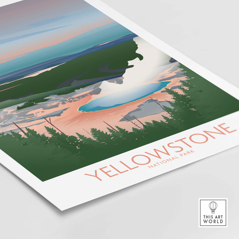 Yellowstone National Park art print featuring minimalist landscape design with vibrant colors and nature elements.