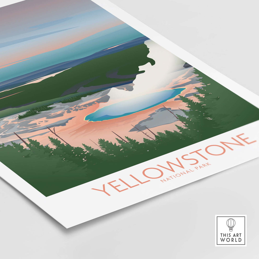 Yellowstone National Park art print featuring minimalist landscape design with vibrant colors and nature elements.