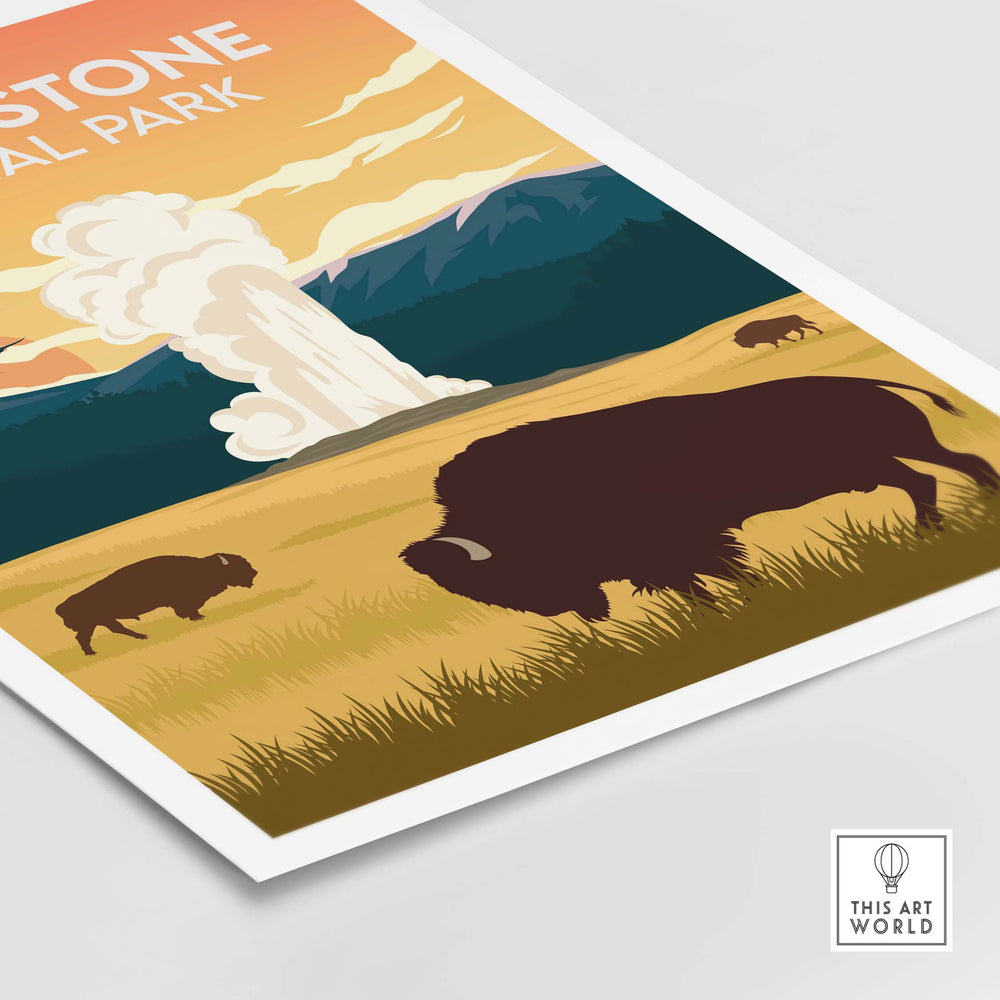 Yellowstone National Park poster featuring bison and a geyser illustration in vibrant colors.