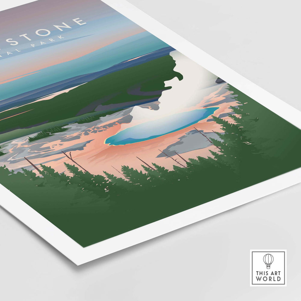 Vintage Yellowstone National Park art print featuring Old Faithful and scenic landscapes.