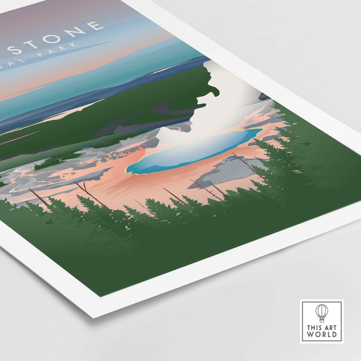 Vintage Yellowstone National Park art print featuring Old Faithful and scenic landscapes.