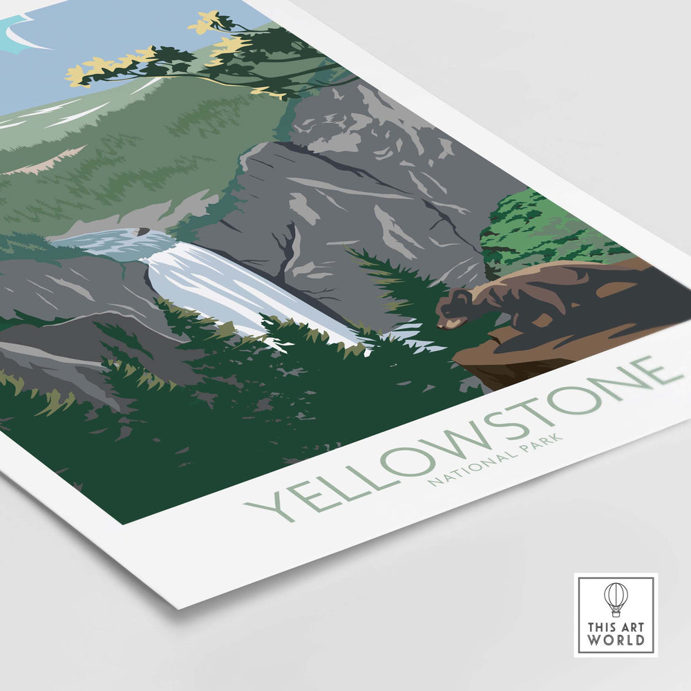 Yellowstone Poster Print featuring a waterfall and bear, perfect for home or office décor inspired by vintage National Park art.