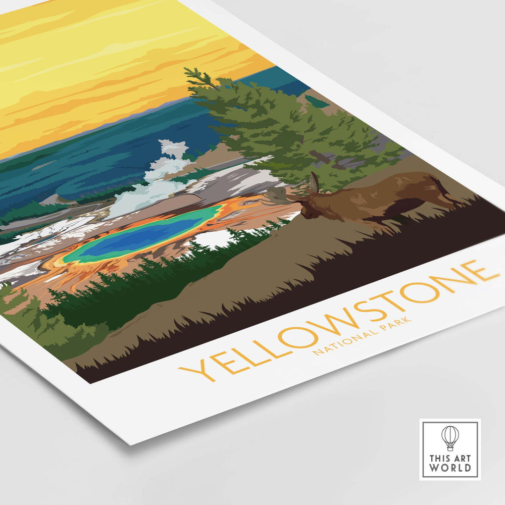 Yellowstone Park Print Poster featuring vibrant landscape and bison, inspired by vintage National Park artwork.