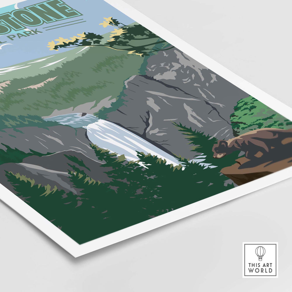 Vintage Yellowstone National Park print featuring a waterfall and bear, perfect for home or office decor.