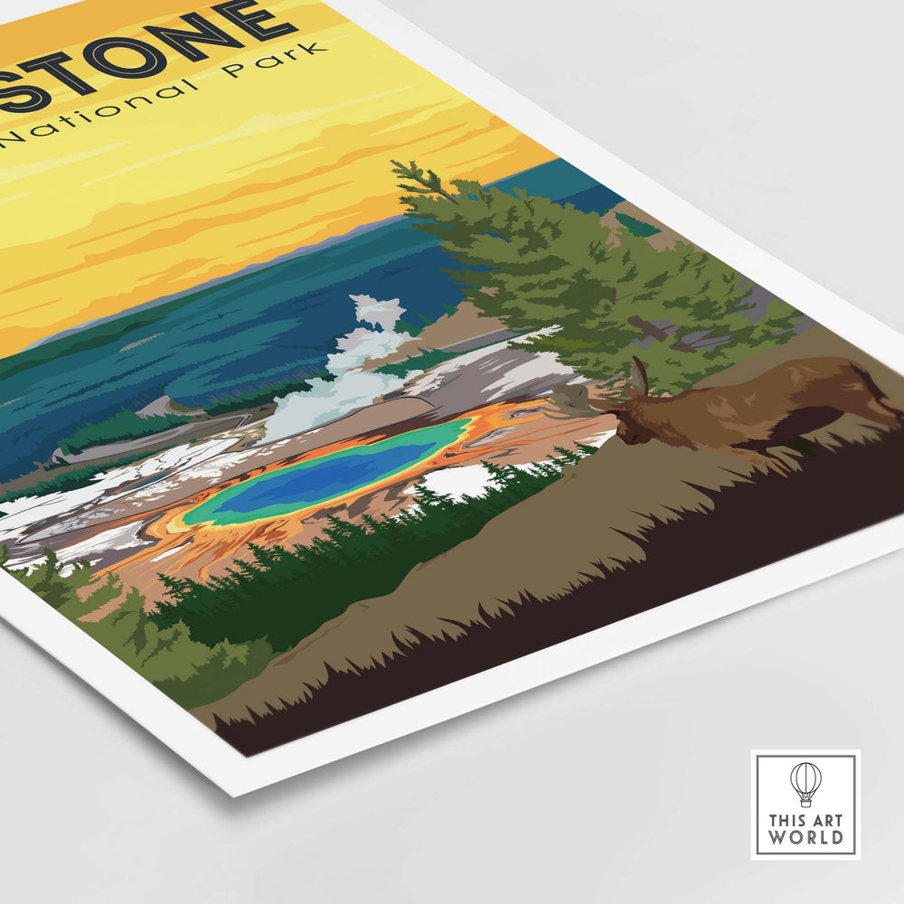 Colorful Yellowstone National Park poster showcasing vibrant landscapes and retro design for nature lovers.