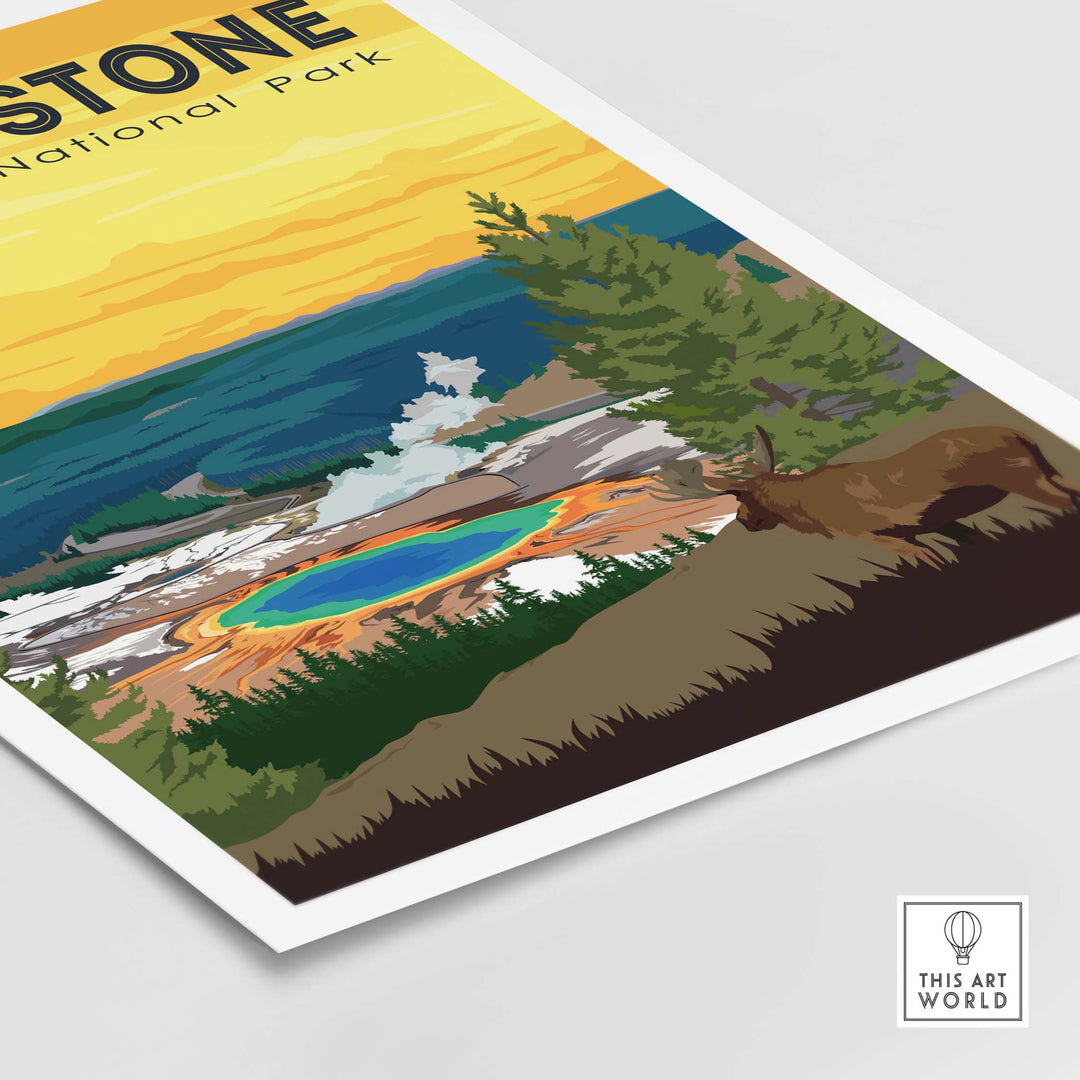 Colorful Yellowstone National Park poster showcasing vibrant landscapes and retro design for nature lovers.