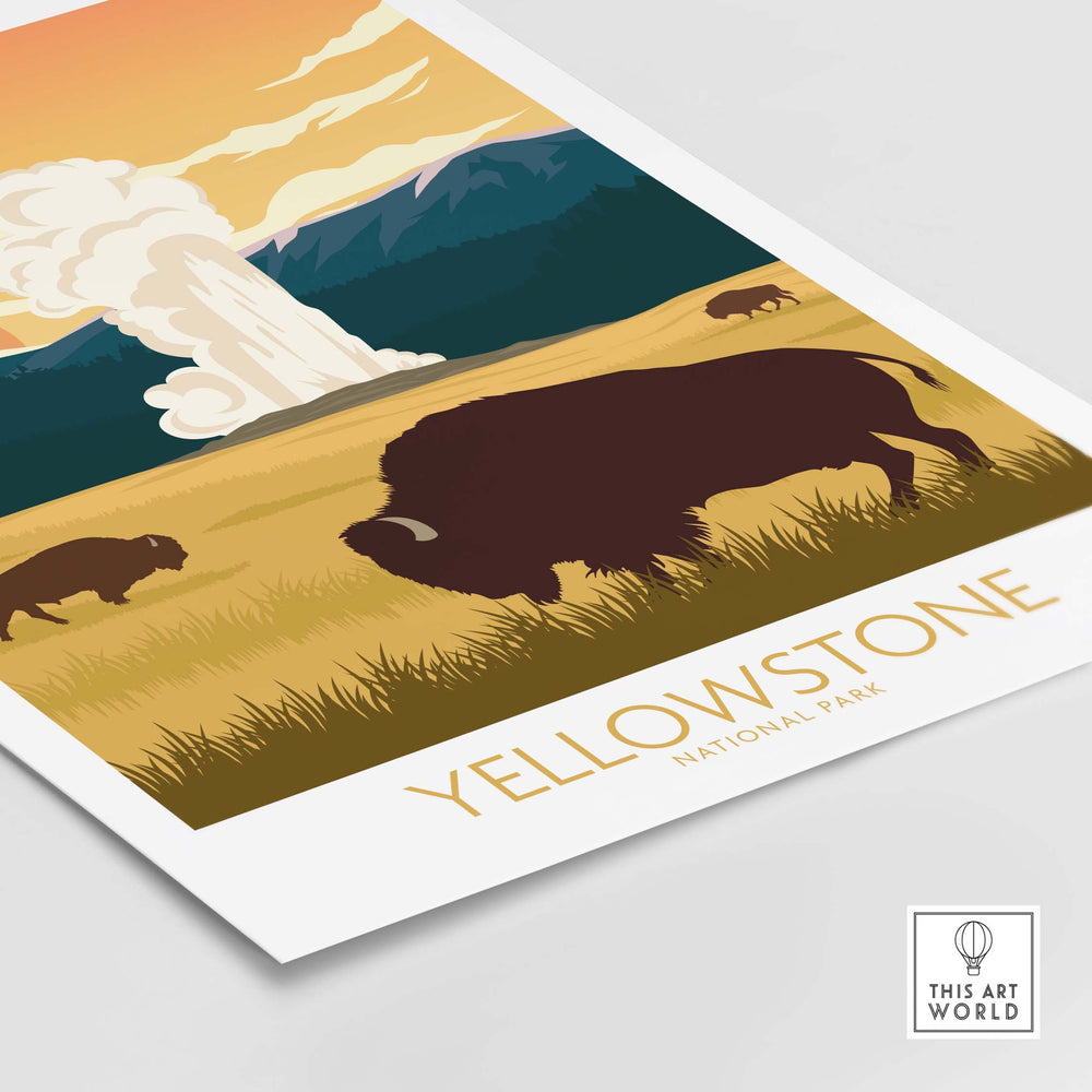 Yellowstone National Park poster featuring bison and Old Faithful geyser in a minimalist design, perfect for wall art decor.