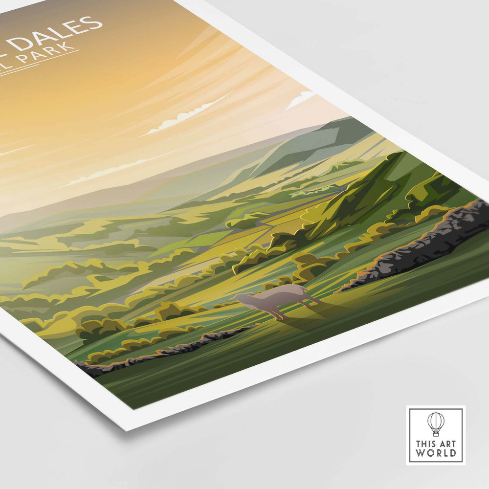 Yorkshire Dales poster featuring rolling hills and sheep, inspired by National Park minimalist art.