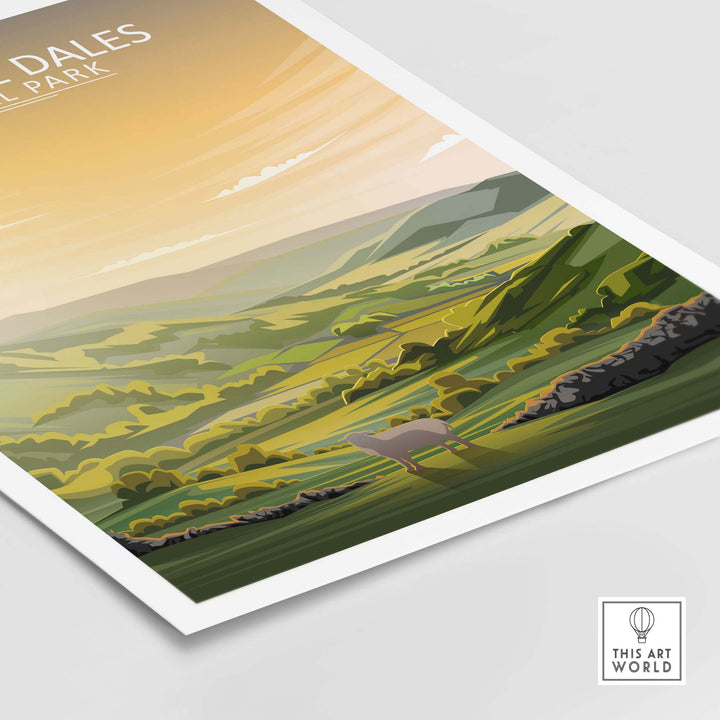 Yorkshire Dales poster featuring rolling hills and sheep, inspired by National Park minimalist art.
