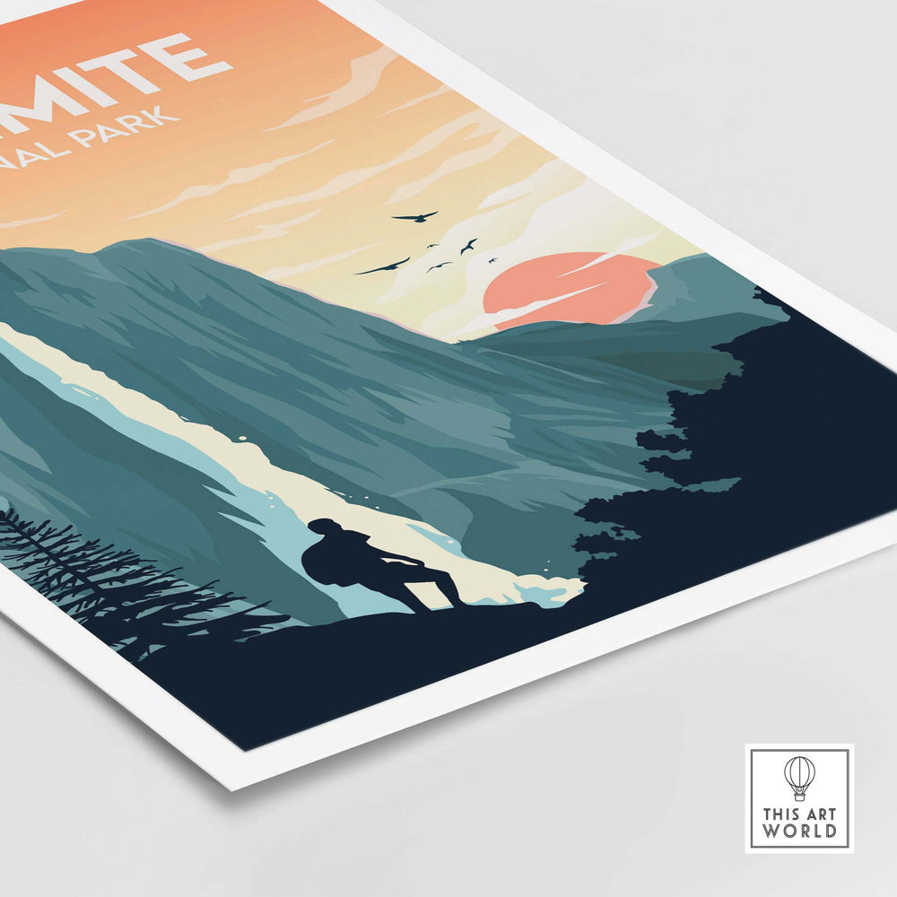 Yosemite Print National Park Poster featuring a hiker and minimalist mountain landscape in vibrant colors. Suitable for wall art decor.