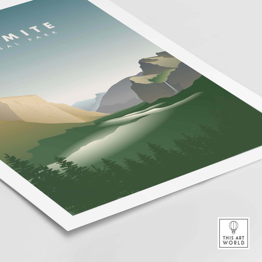Yosemite National Park vintage travel poster showcasing El Capitan and serene landscapes, perfect for home or office decor.
