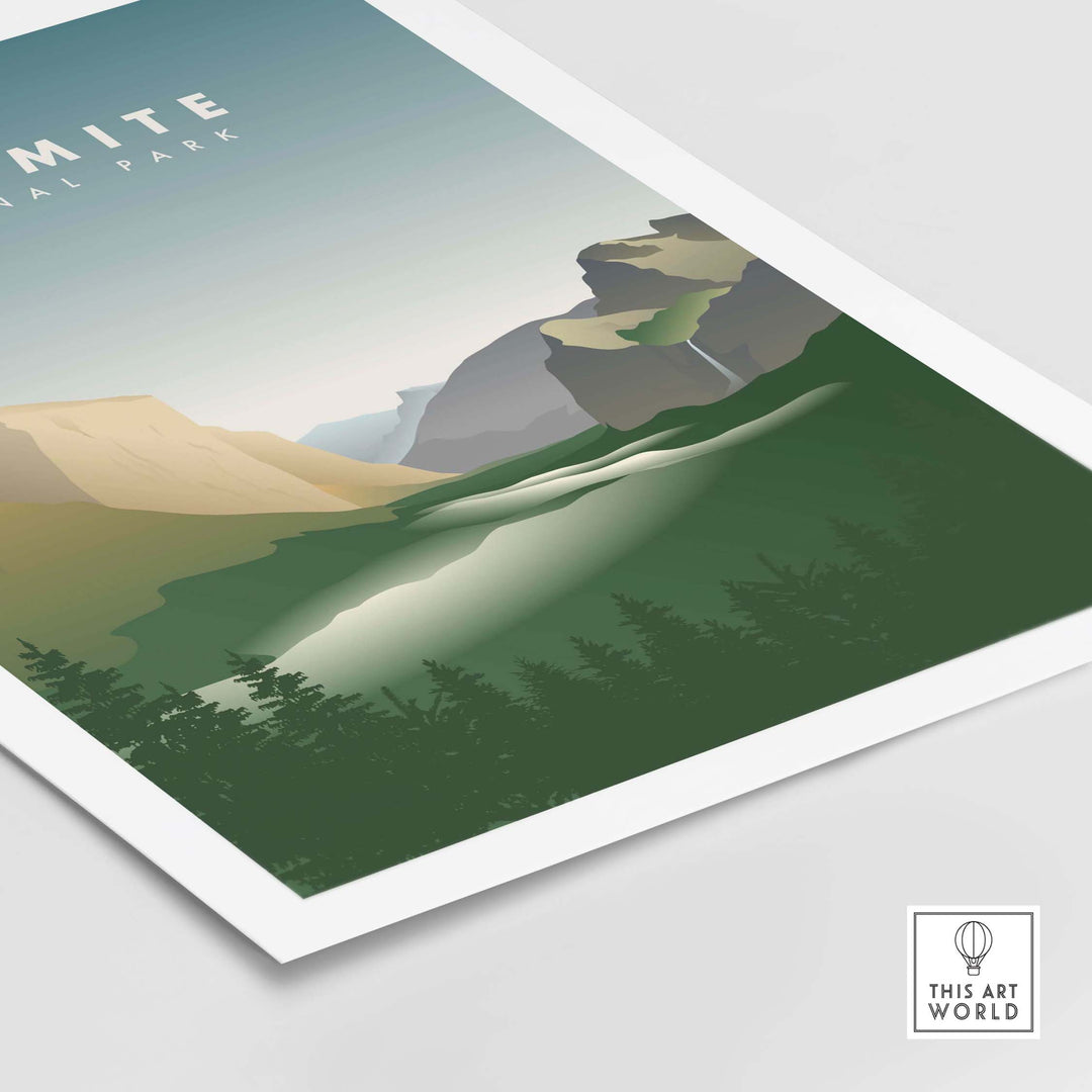 Yosemite National Park vintage travel poster showcasing El Capitan and serene landscapes, perfect for home or office decor.