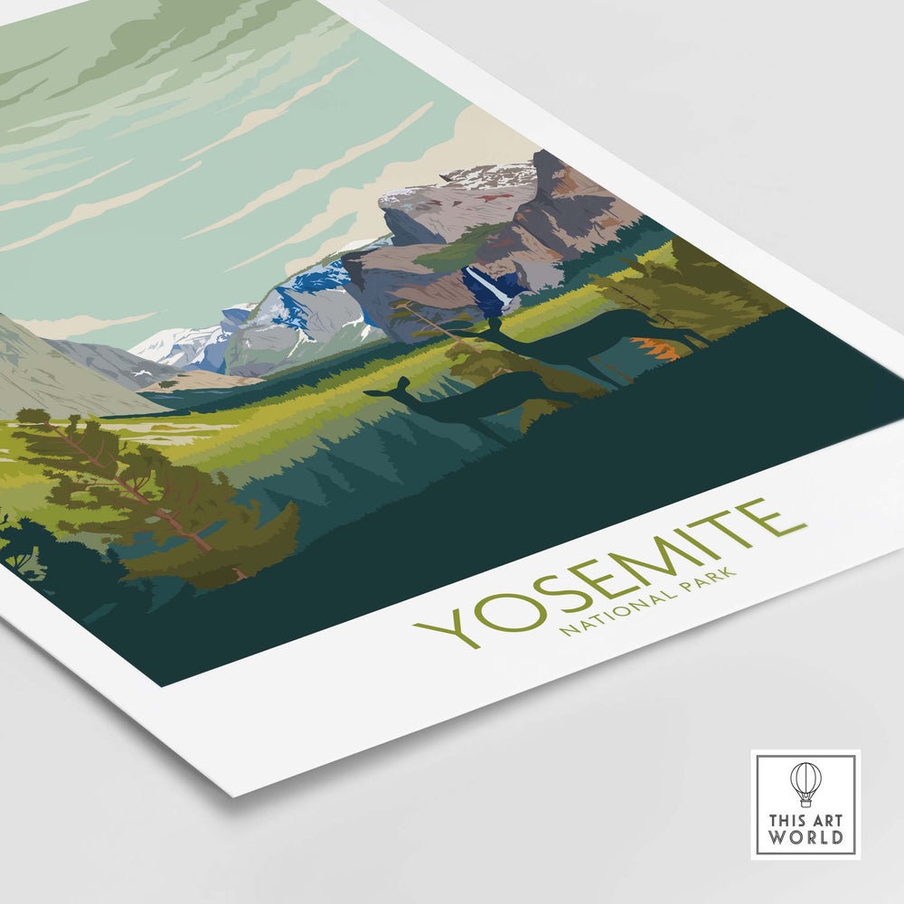 Yosemite National Park print poster showcasing vibrant landscapes and vintage design for home decor.