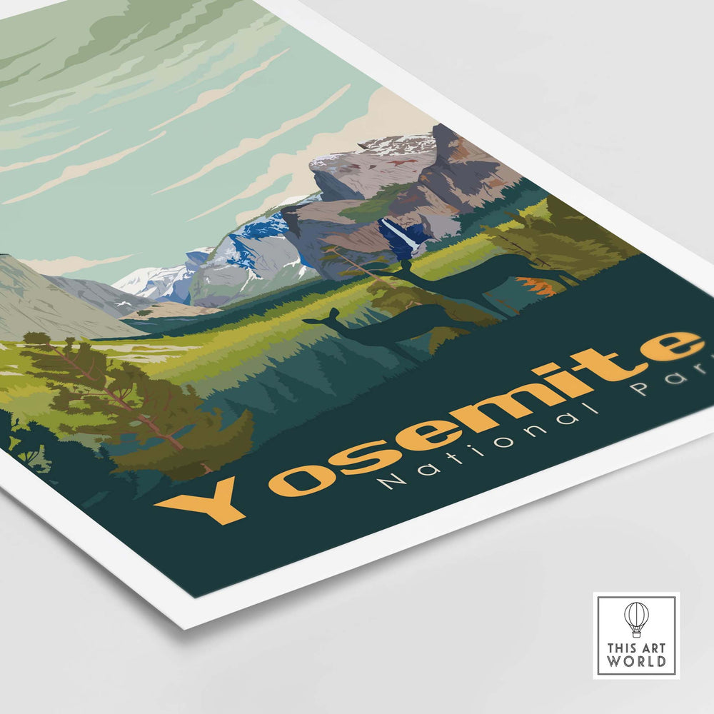 Vintage Yosemite National Park poster featuring mountains and greenery, perfect for travel-inspired wall art.
