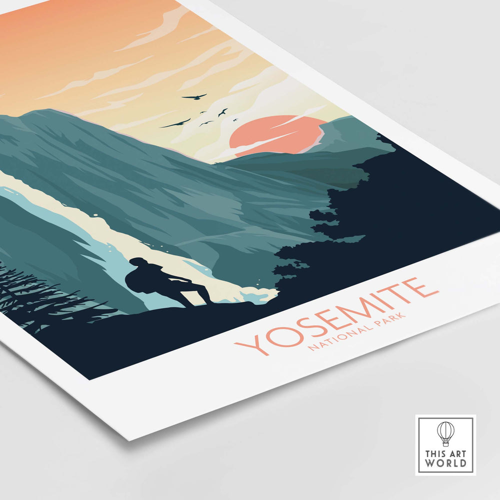 Yosemite National Park poster art print featuring a hiker against a scenic sunset and mountains, ideal for home decor.