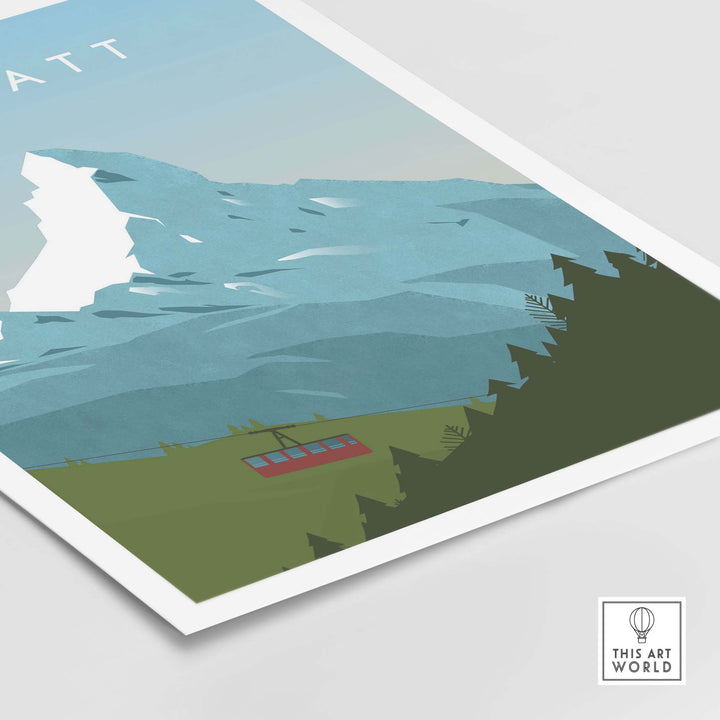 Zermatt Print Wall Art Poster featuring a stylized mountain landscape, perfect for travel lovers and home decor.